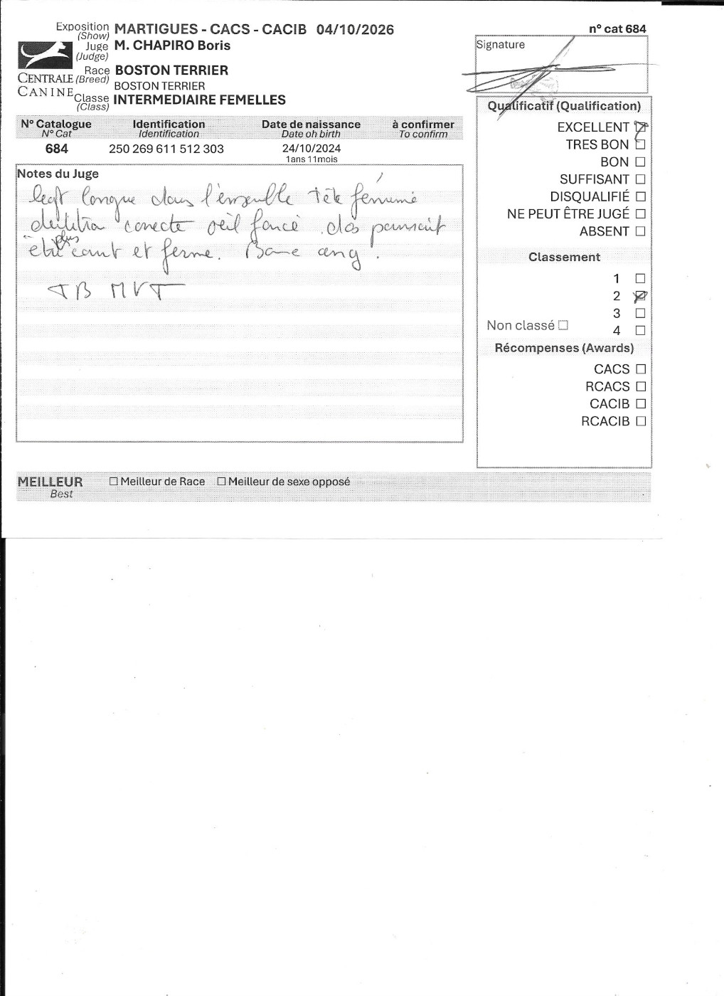 Victoire Sweeties Doggies - 2° EXCELLENT classe intermédiaire