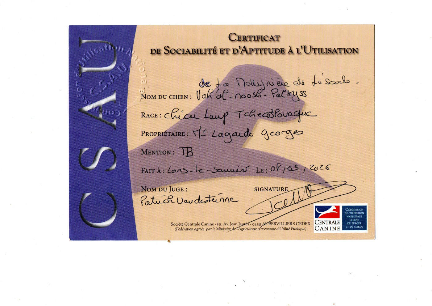 Vah'al noosh pal-kyss de la mollyniere de lo'scale - Obtention CSAU : qualificatif TRES BON