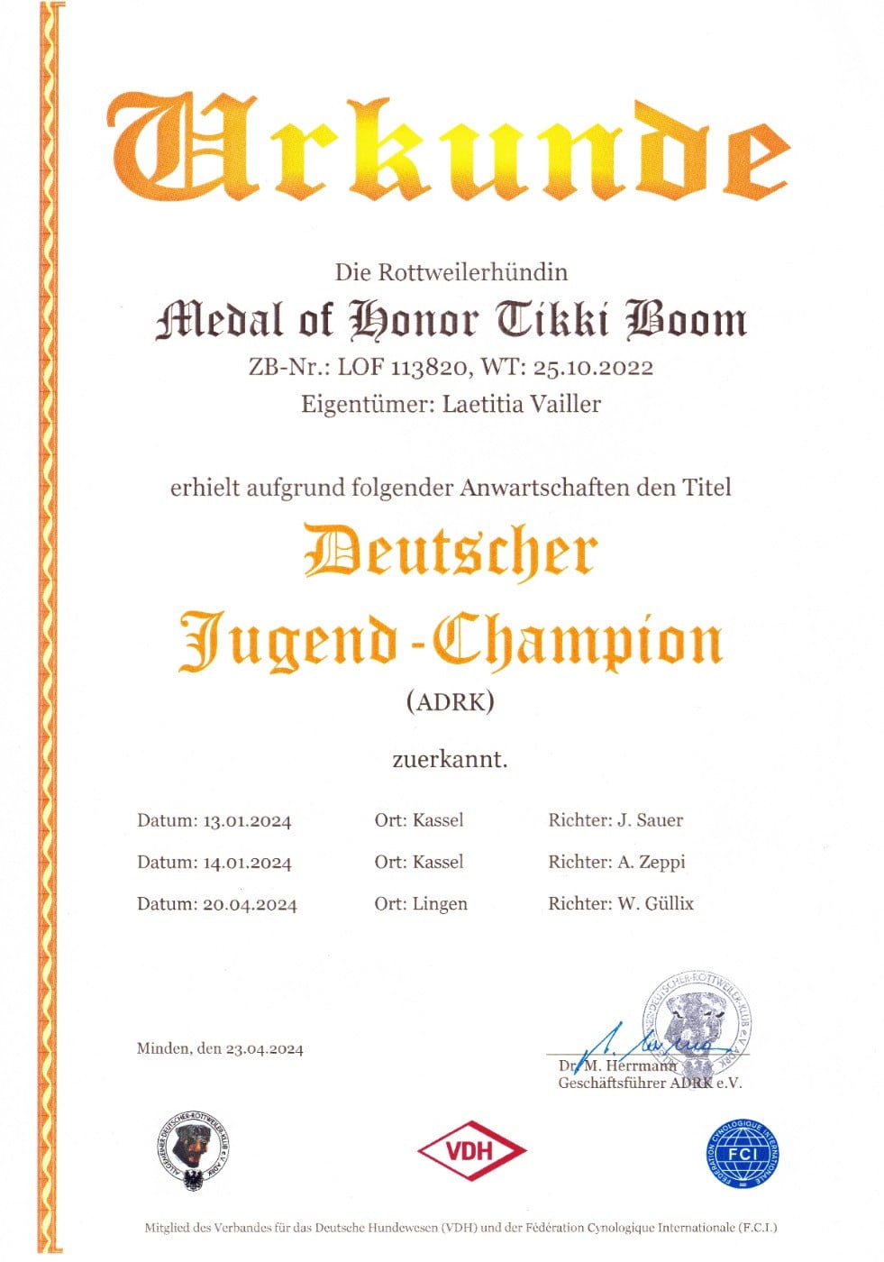 CH. Medal of Honor Tikki Boom