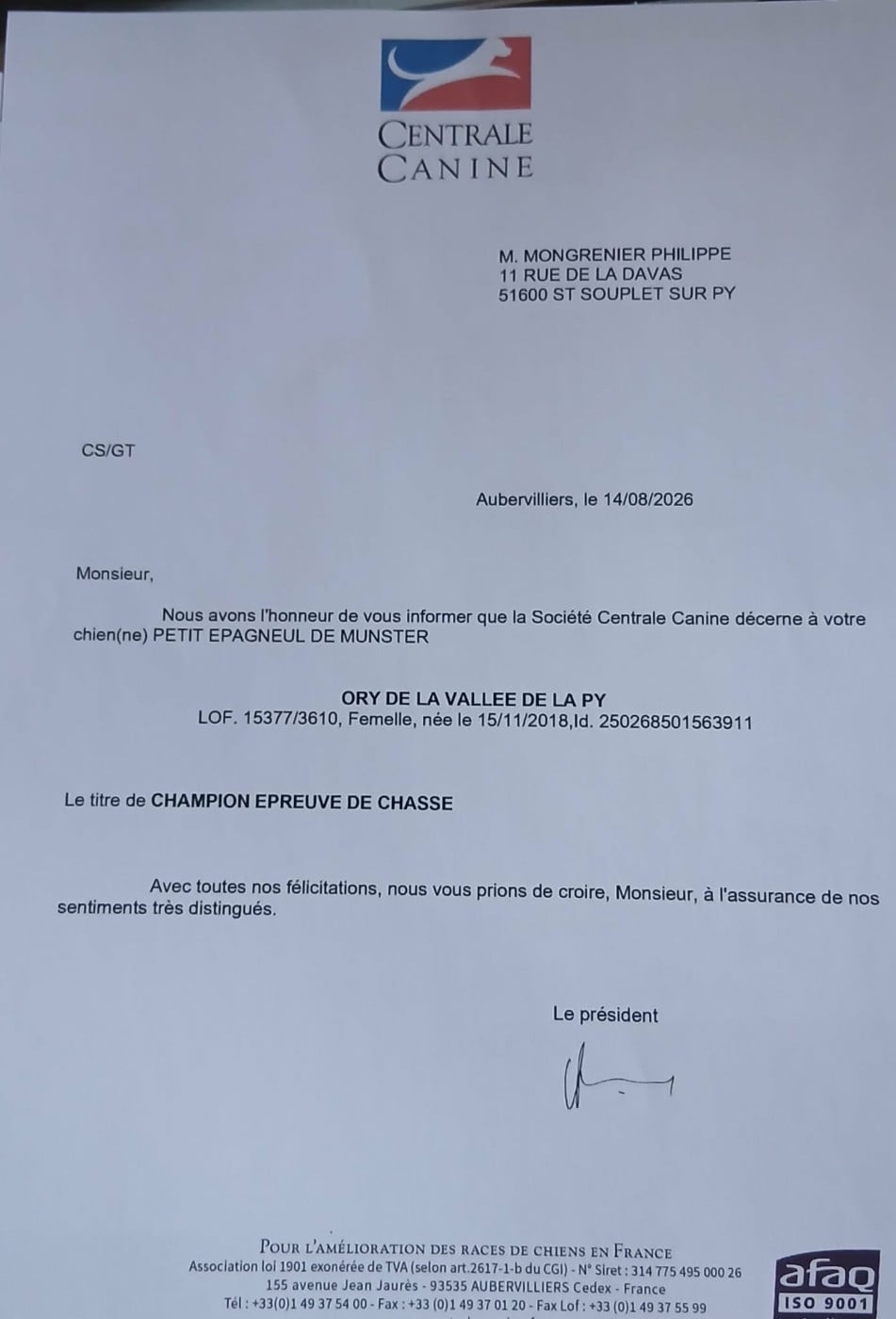 TR. CH. Ory De La Vallée De La Py - LE TITRE DE CHAMPIONNE EPREUVE DE CHASSE 2026