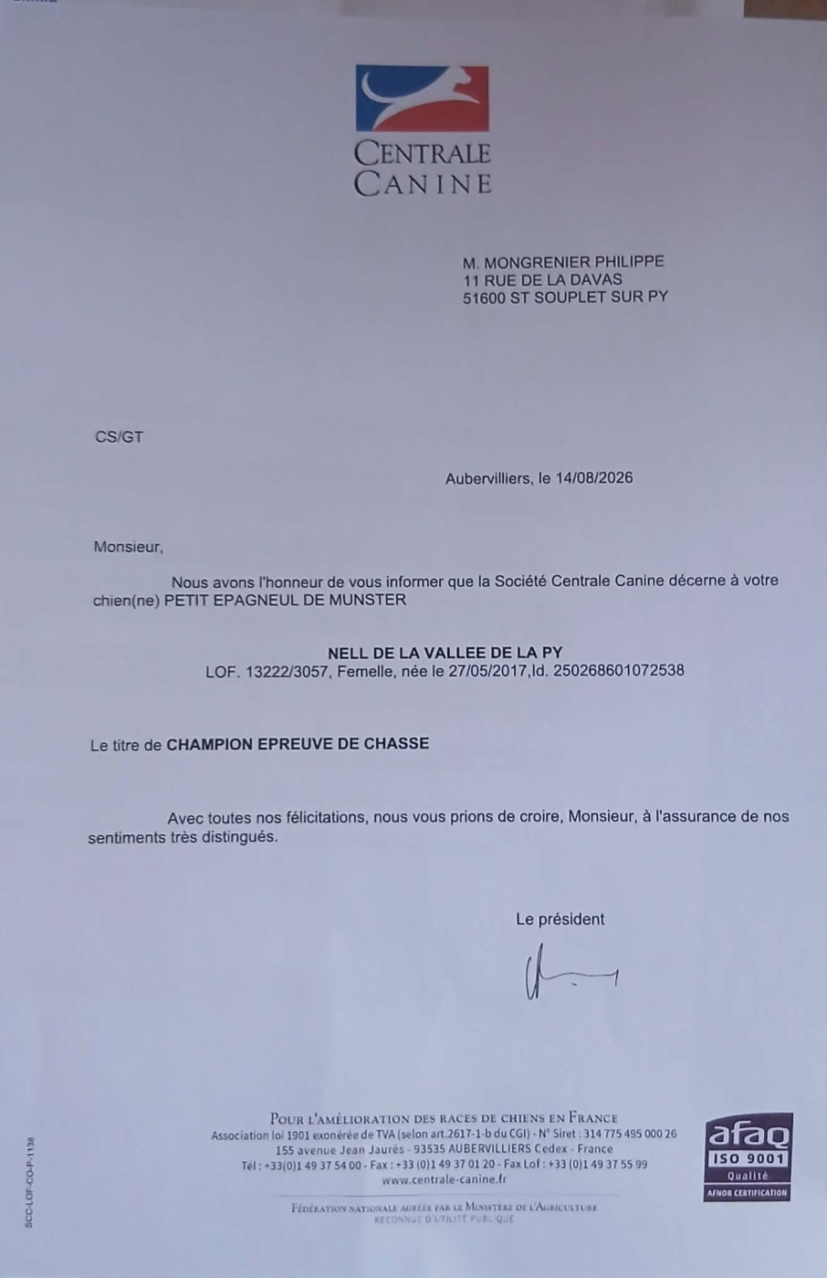 TR. CH. Nell De La Vallée De La Py - LE TITRE DE CHAMPIONNE EPREUVE DE CHASSE 2026