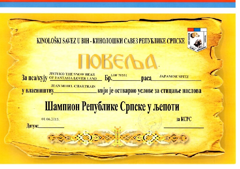 CH. Jitsuko the snow bear Of Fantasia Lover Land - 1 EXCELLENT C A C ET R C A C I B CLASSE INTERMEDAIRE