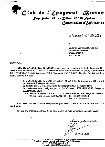 TR. CH. Odin de la Baie des Gabions - preselection au championnat du monde