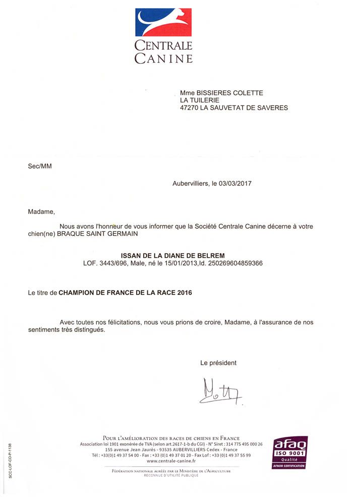 TR. CH. Issan De la diane de belrem - Champion de France de la race poour 2016