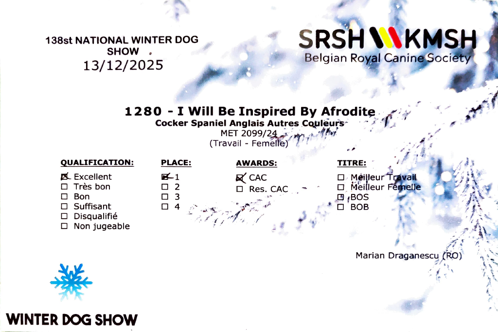 TR. i will be Inspired By Afordite - 1er Excellent (Classe Travail) & CAC