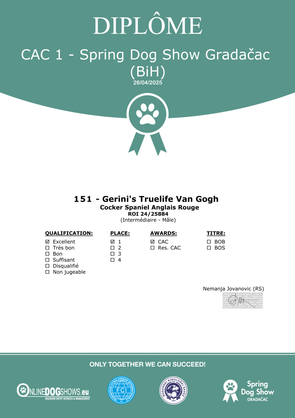 CH. gerini's truelife Van Gogh - 1er Excellent (Classe Intermédiaire), CAC