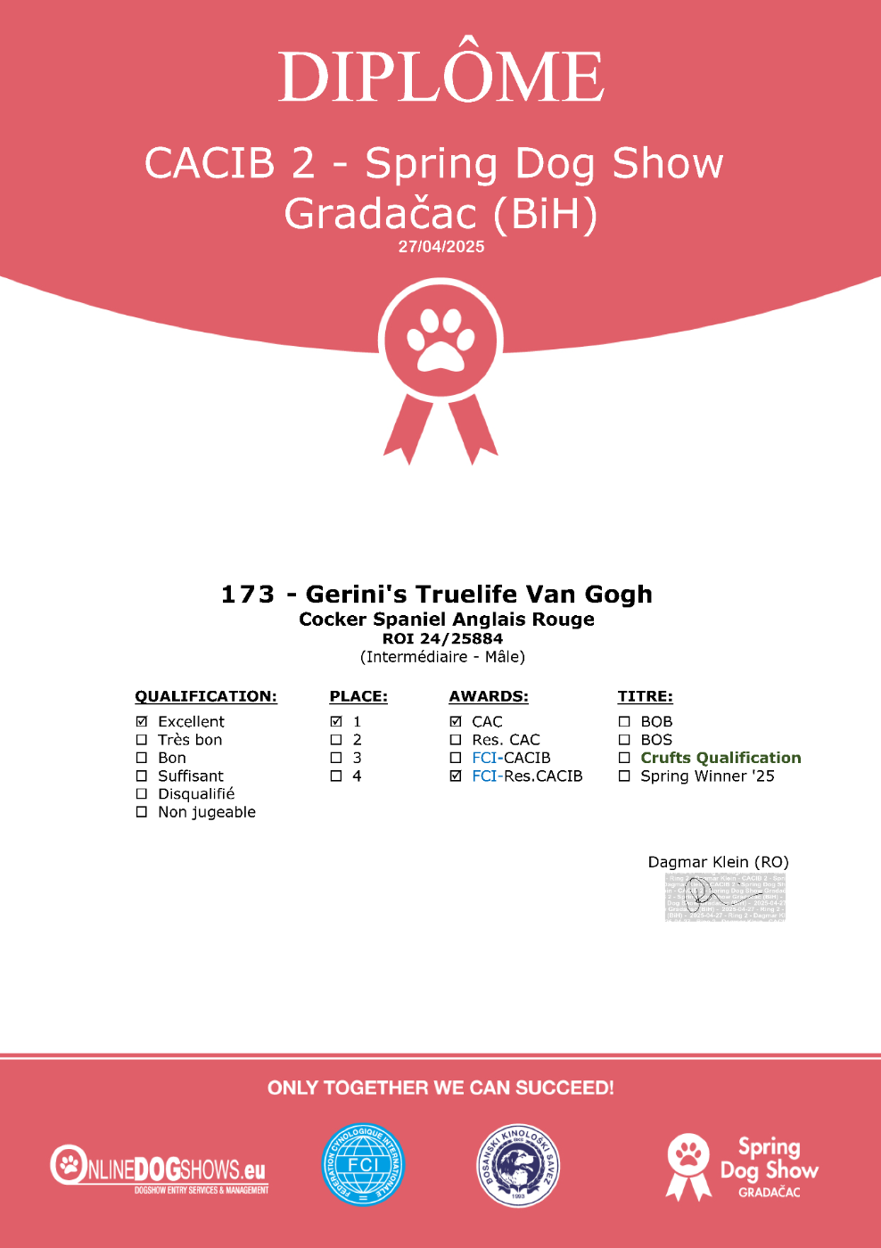 CH. gerini's truelife Van Gogh - 1er Excellent (Classe Intermédiaire), CAC, RCACIB