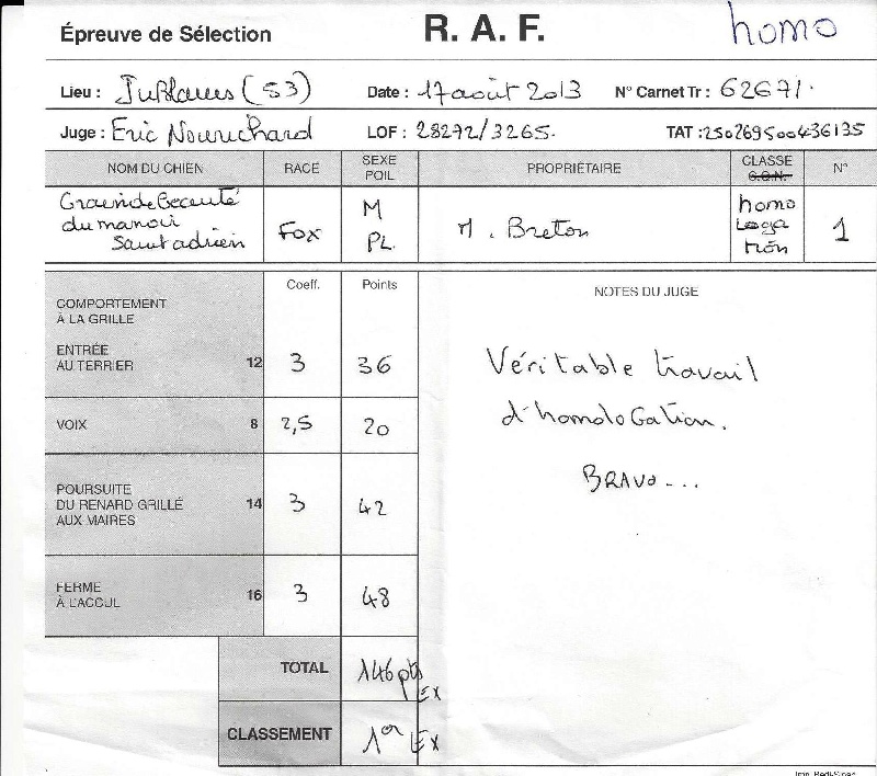 CH. Graindebeauté dit goupil du Manoir Saint Adrien - 146/150 points excellent en classe homologation