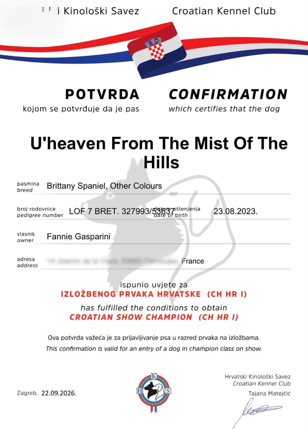CH. U'heaven From The Mist Of The Hills - 1ere excellent CAC & BOB