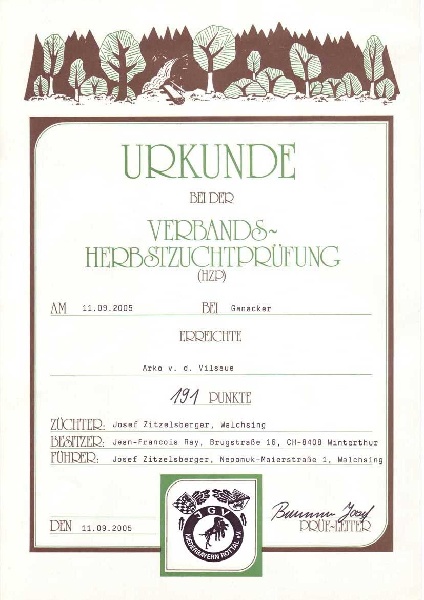 TR. CH. Arko Von der Vilsaue - HZP 191 Points