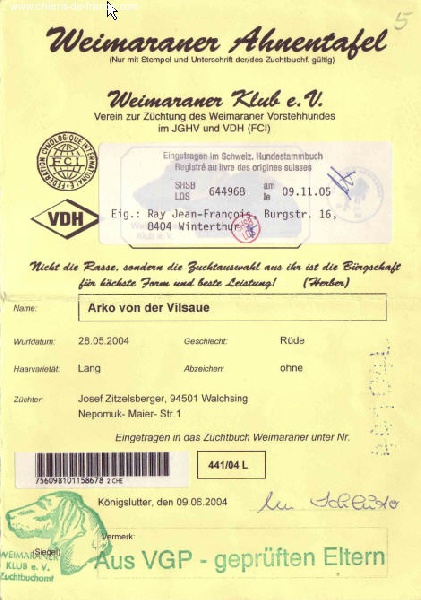 TR. CH. Arko Von der Vilsaue - Registré au SHSB LOS 644968