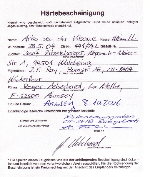 TR. CH. Arko Von der Vilsaue - Preuve de Dureté (Härte-Nachweis)