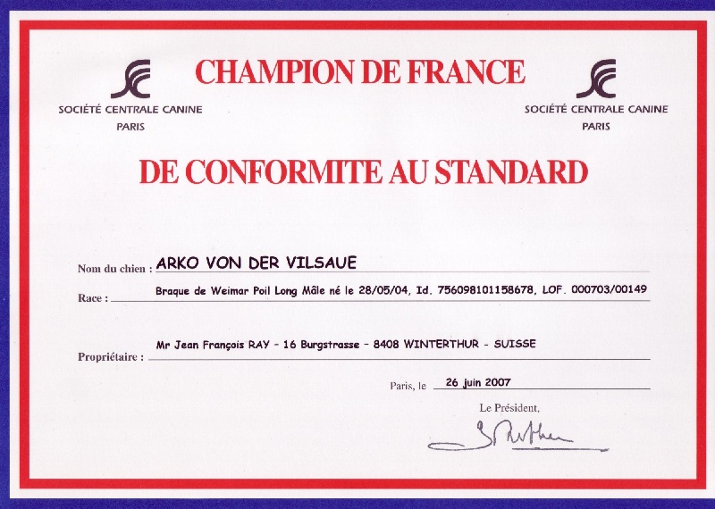 TR. CH. Arko Von der Vilsaue - CHCS Champion de France de Conformité au Standard