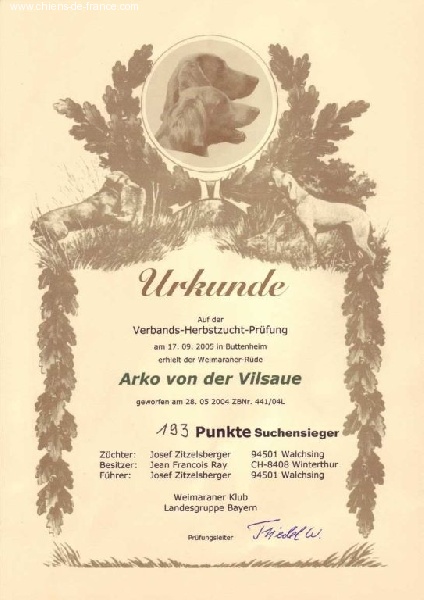 TR. CH. Arko Von der Vilsaue - HZP 193 Points, Meilleur en Bavière PR&PL confondus