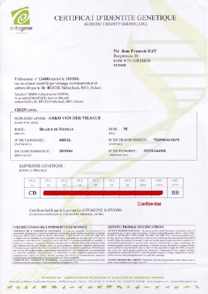TR. CH. Arko Von der Vilsaue - Empreinte Génétique