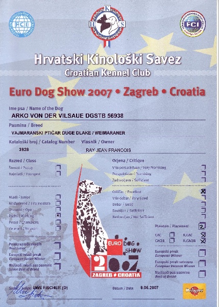 TR. CH. Arko Von der Vilsaue - Vice-Champion d'Europe FCI, Exc 2, RCAC-Argent, RCACIB