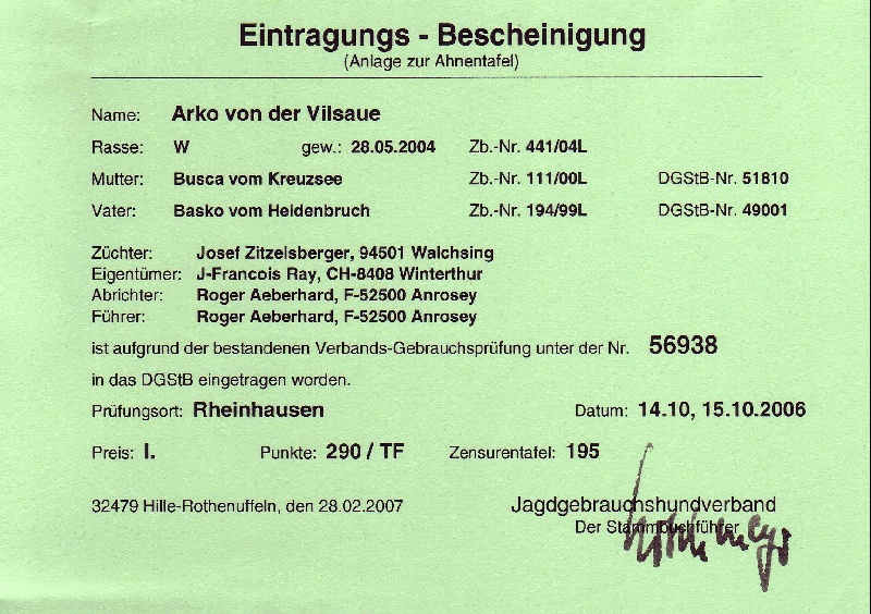 TR. CH. Arko Von der Vilsaue - DGStB 56938 (Examen 195)