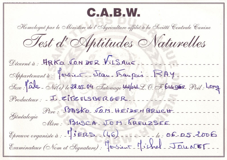 TR. CH. Arko Von der Vilsaue - Admis au TAN , Test d'Aptitudes Naturelles