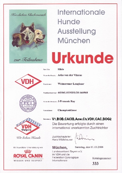 TR. CH. Arko Von der Vilsaue - Excellent 1, CAC, CACIB, Meilleur de Race, Qualif.Ch.VDH, BOG2