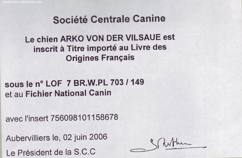 TR. CH. Arko Von der Vilsaue - LOF 7 BR.W.PL 703 / 149