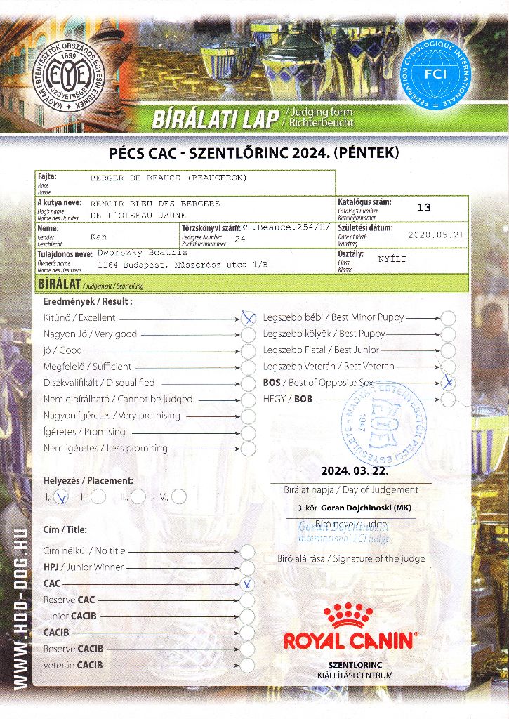 CH. Renoir bleu des Bergers de l'Oiseau Jaune - Nyílt osztály: Excellent 1, CAC, BOS.